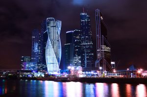 High tech buildings in Moscow, Russia lit up at night
